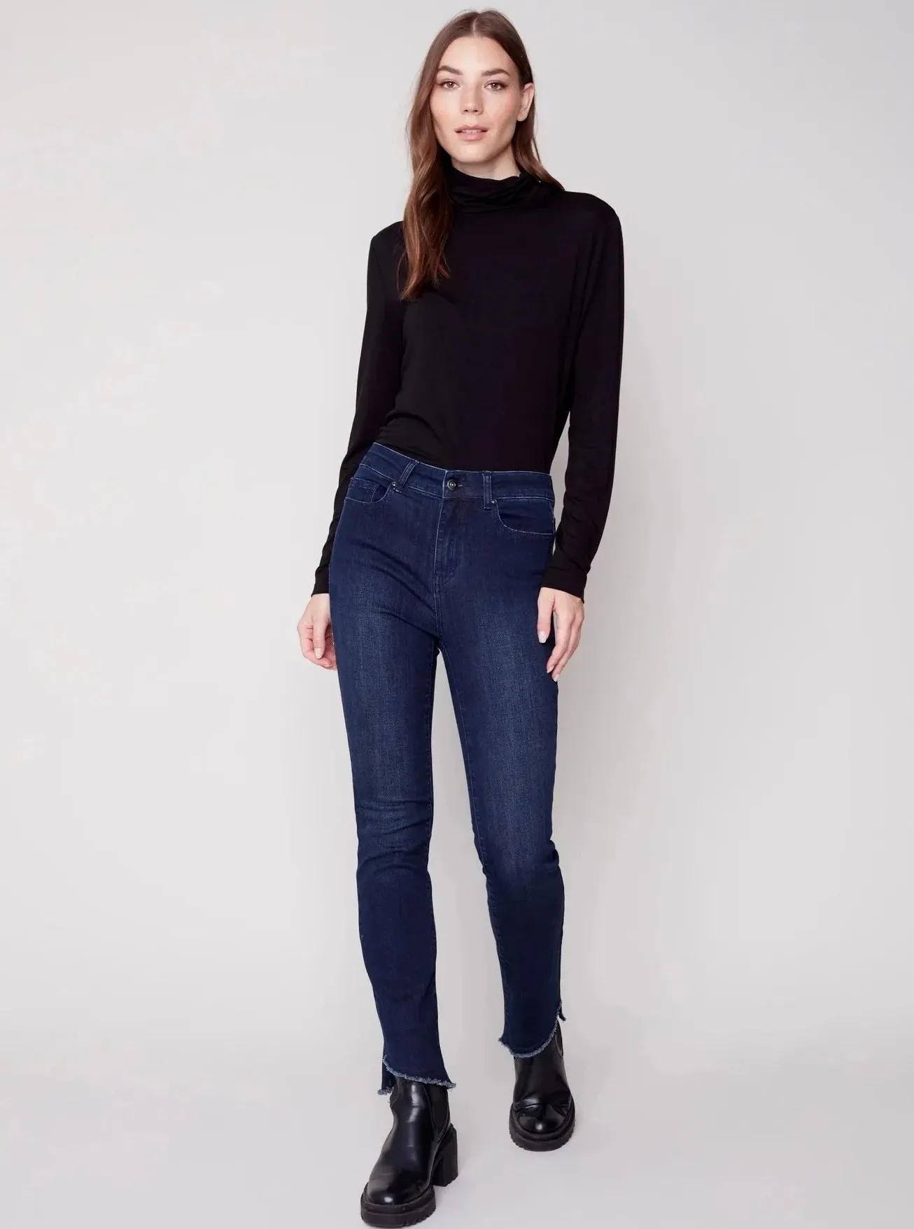 Assymetrical Hem Bootcut Pants [Blue Black-C5429]
