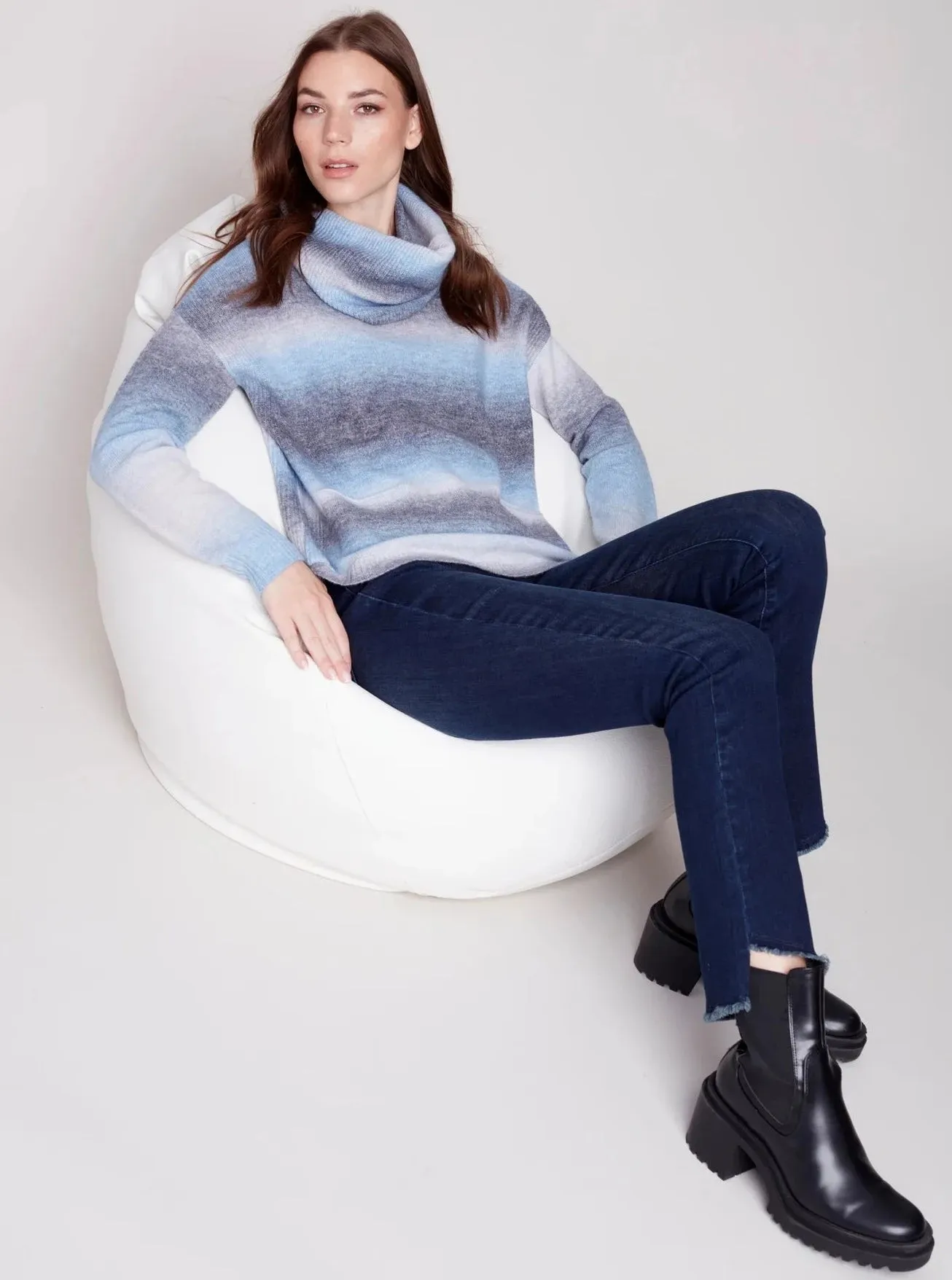 Assymetrical Hem Bootcut Pants [Blue Black-C5429]