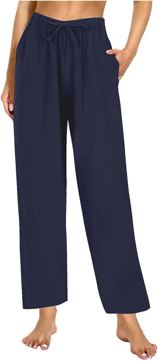 Cotton Linen Pants Women Casual Summer Pants Drawstring Wide Leg Pants with Pockets Soft Boho Petite Joggers Trendy Clothes