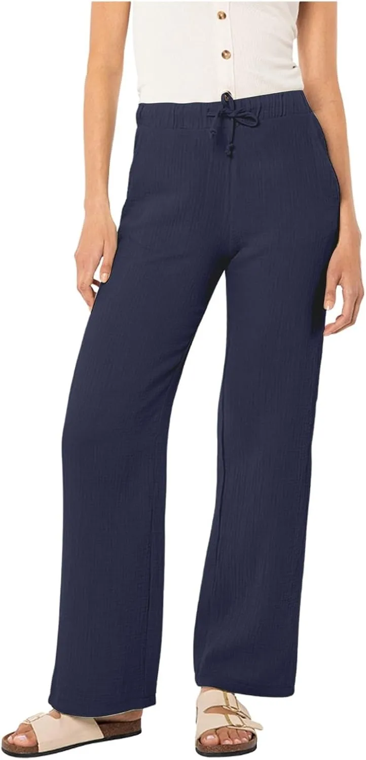 Cotton Linen Pants Women Casual Summer Pants Drawstring Wide Leg Pants with Pockets Soft Boho Petite Joggers Trendy Clothes