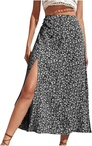 Floral Skirts Women Summer Boho Skirts Elastic High Waist Vacation Skirts Side Split Beach Skirts Casual Flowy Skirt