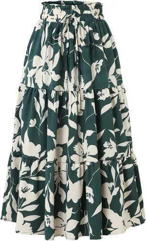 IDEALSANXUN Floral Skirts for Women Trendy Spring Summer Flowy A Line Elastic High Waisted Tiered Flower Boho Midi Skirt