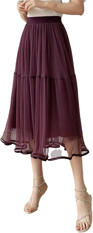 Korean Style Tiered Tulle Skirt Spring Summer High Waist Big Swing A-Line Skirt Ladies Elegant Midi Skirts
