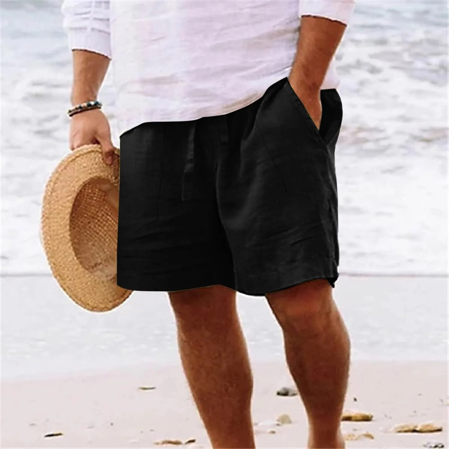 Linen Shorts for Men 11 Inch 3D Coconut Tree Printed Beach Trendy Shorts White Linen Shorts Men Big and Tall Mens
