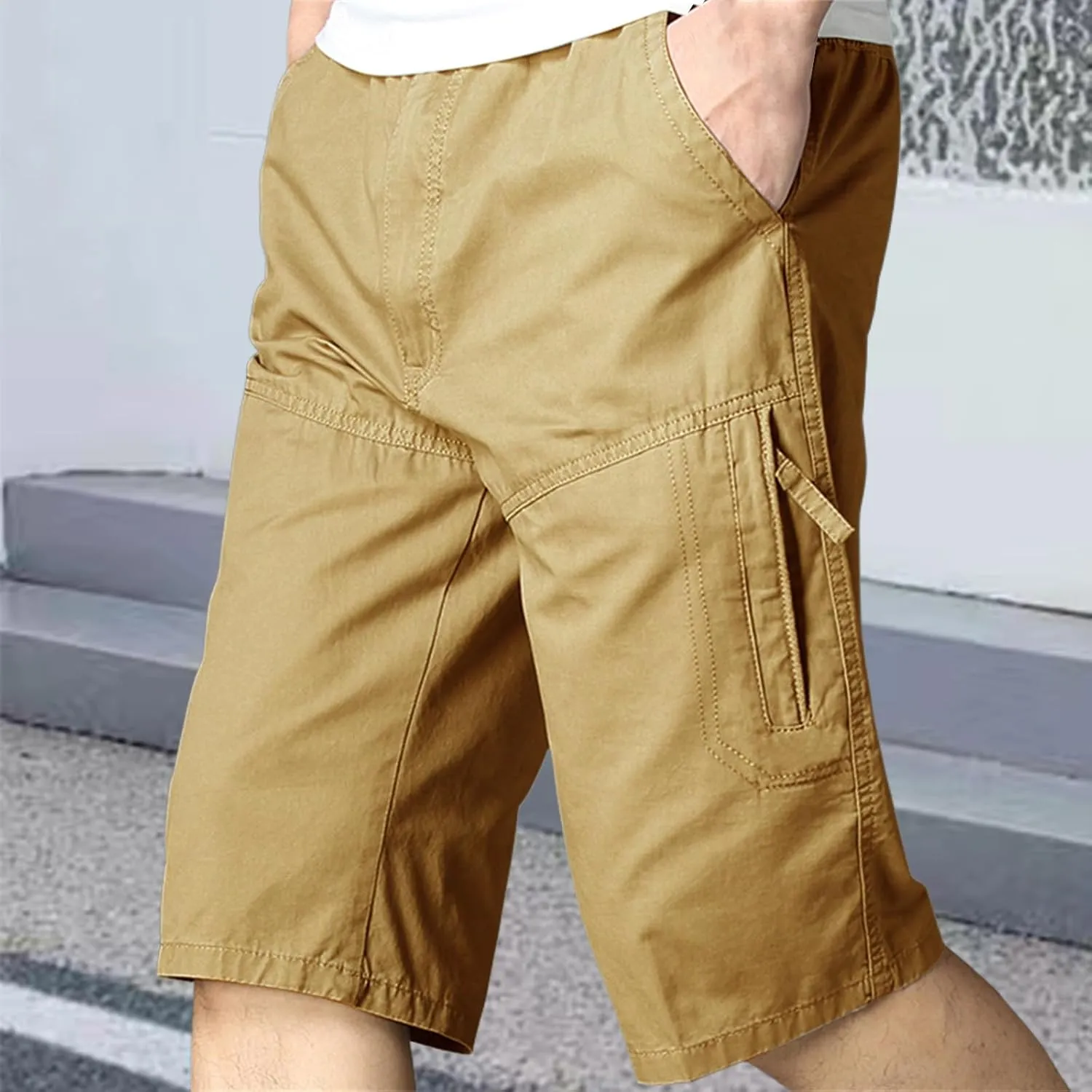 Mens Classic Solid Cargo Shorts Straight Leg Slim Fit Elastic Waist Pockets for Summer Work Casual