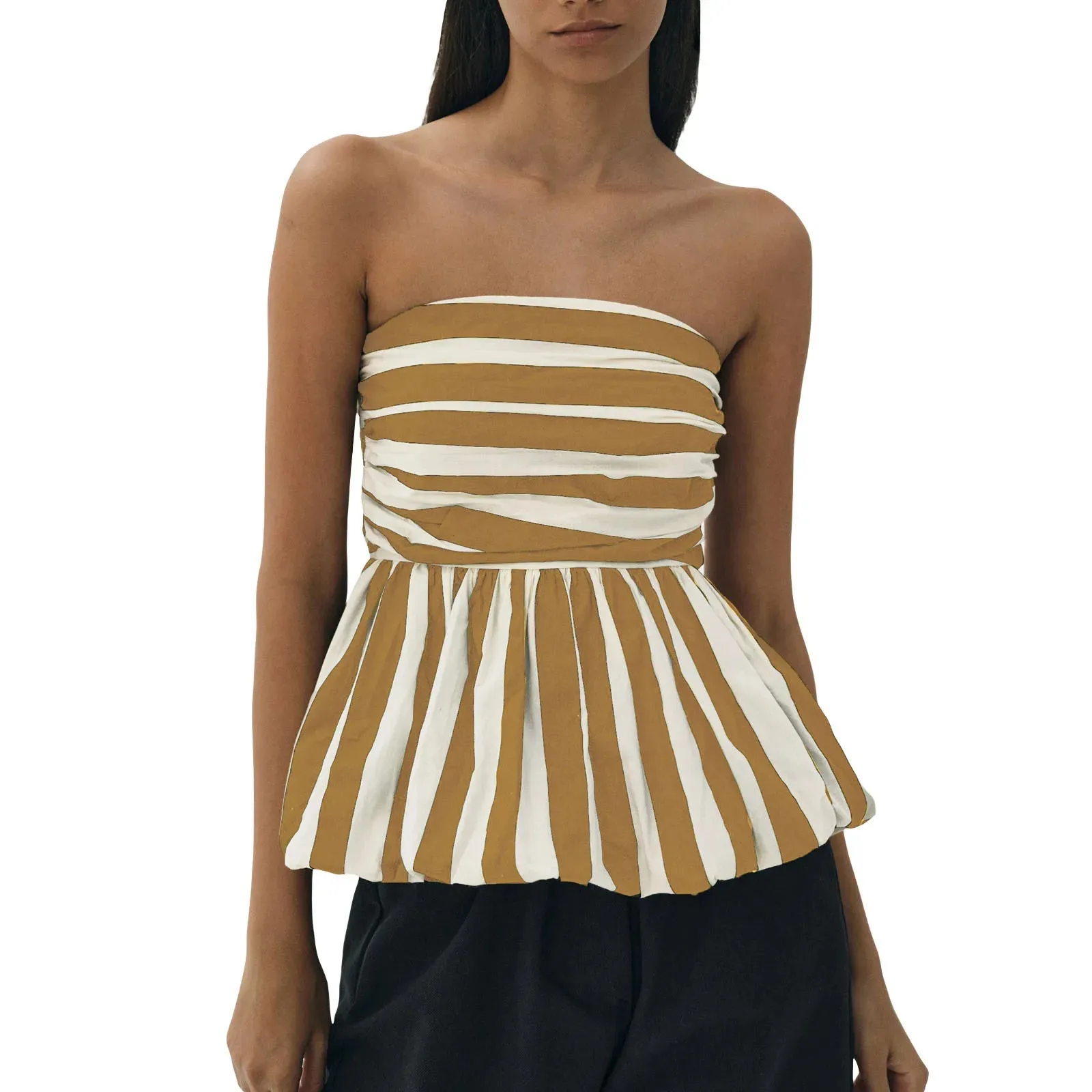 Monochrome Muse: A Strapless Beauty with Bold Stripes