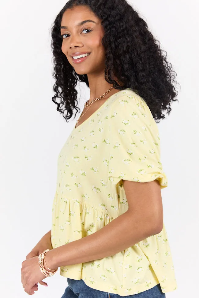 Peplum Gardens Yellow Floral Knit Henley Tee