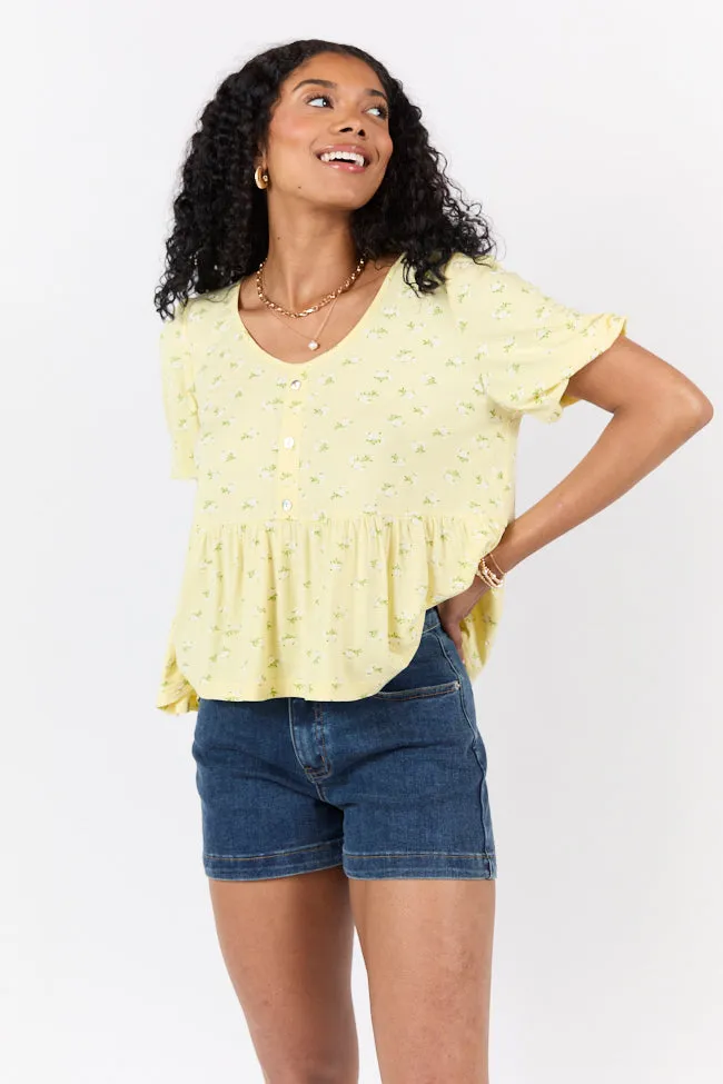 Peplum Gardens Yellow Floral Knit Henley Tee