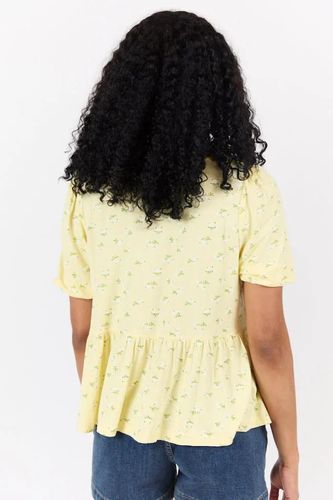 Peplum Gardens Yellow Floral Knit Henley Tee