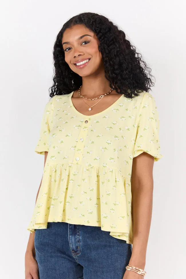 Peplum Gardens Yellow Floral Knit Henley Tee
