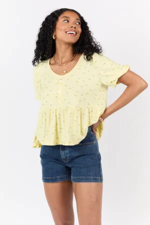 Peplum Gardens Yellow Floral Knit Henley Tee