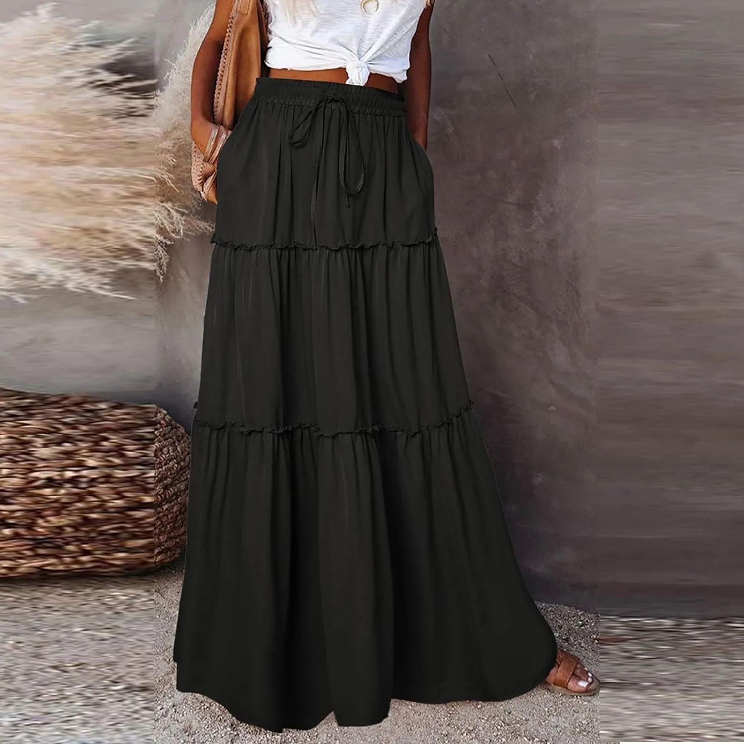 Silk Long Skirts for Women Maxi Tiered Elastic High Waisted Drawstring Pleated Dance Flowy A Line Skirt with Pockets