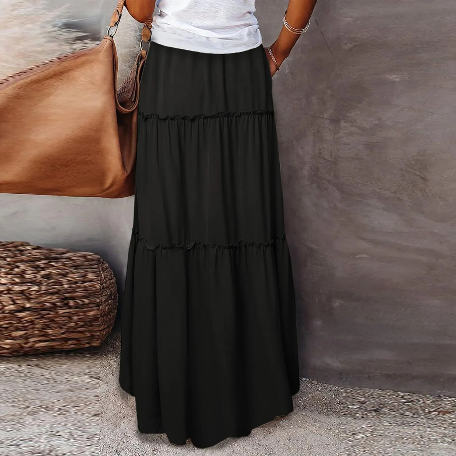 Silk Long Skirts for Women Maxi Tiered Elastic High Waisted Drawstring Pleated Dance Flowy A Line Skirt with Pockets