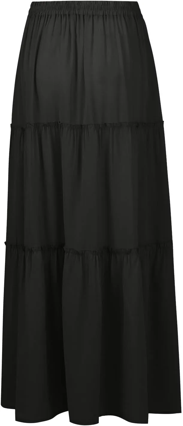 Silk Long Skirts for Women Maxi Tiered Elastic High Waisted Drawstring Pleated Dance Flowy A Line Skirt with Pockets