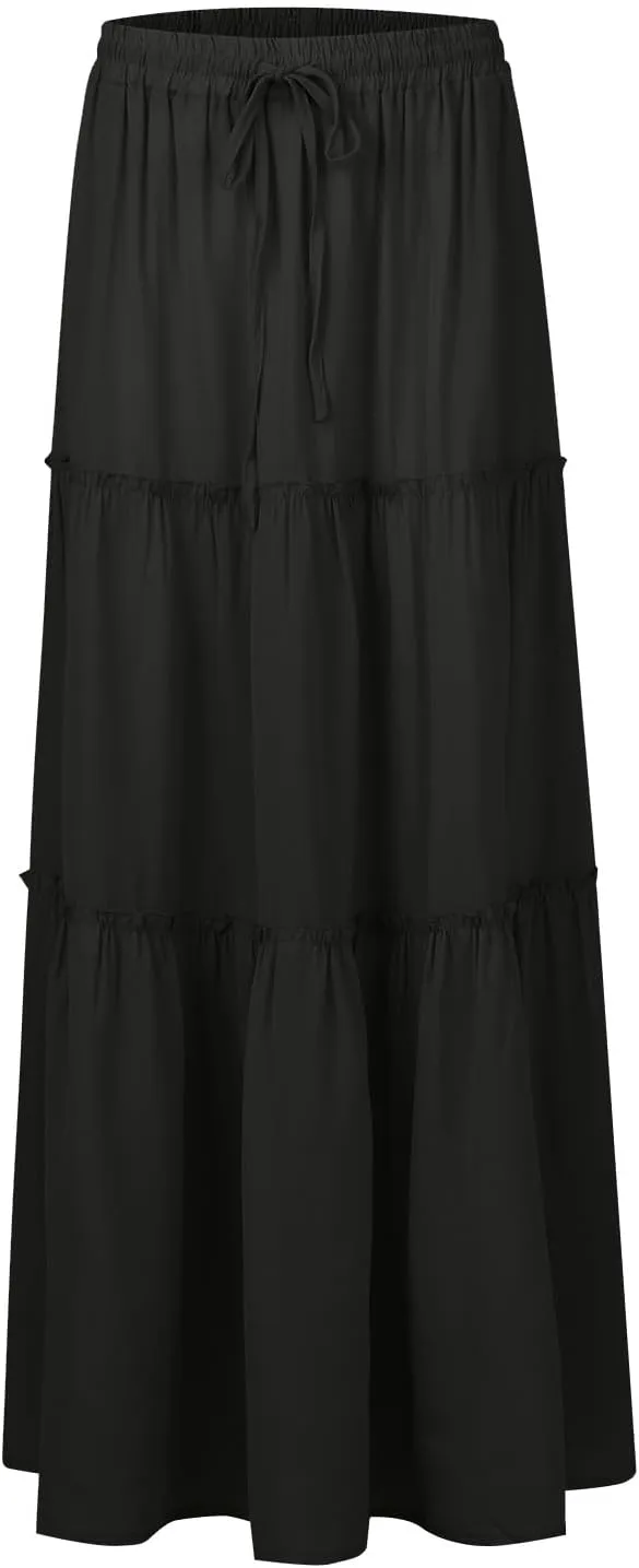 Silk Long Skirts for Women Maxi Tiered Elastic High Waisted Drawstring Pleated Dance Flowy A Line Skirt with Pockets
