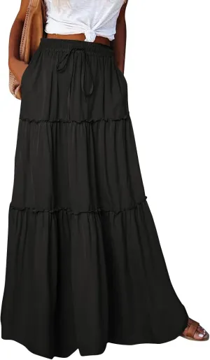 Silk Long Skirts for Women Maxi Tiered Elastic High Waisted Drawstring Pleated Dance Flowy A Line Skirt with Pockets