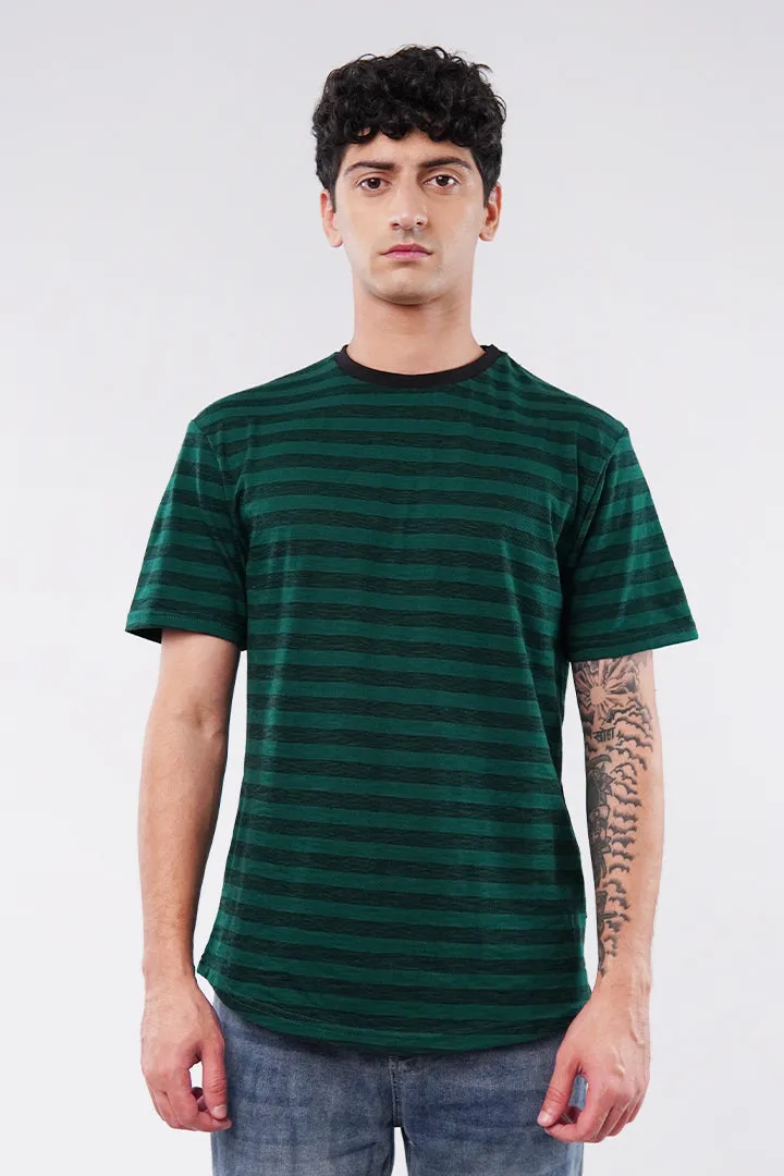 Striped Curved Hem T-Shirt - Green