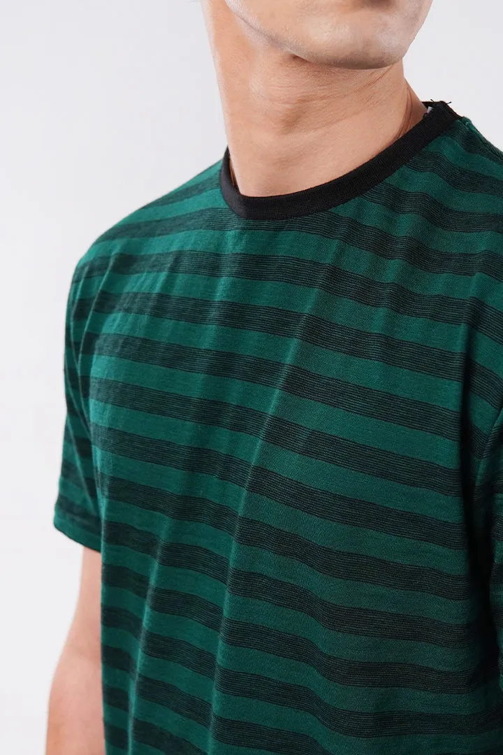 Striped Curved Hem T-Shirt - Green