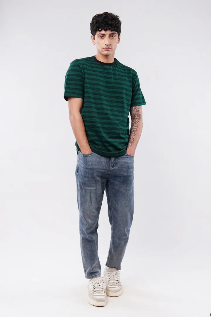Striped Curved Hem T-Shirt - Green