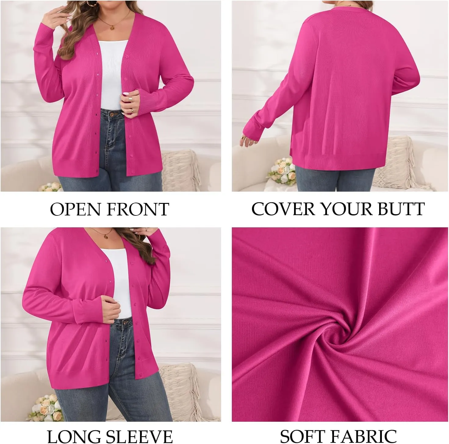 TIANZHU Cardigan Sweaters for Women Plus Size Open Front Long Sleeve V Neck Button Comfy Lightweight Cardigan Casual Coat