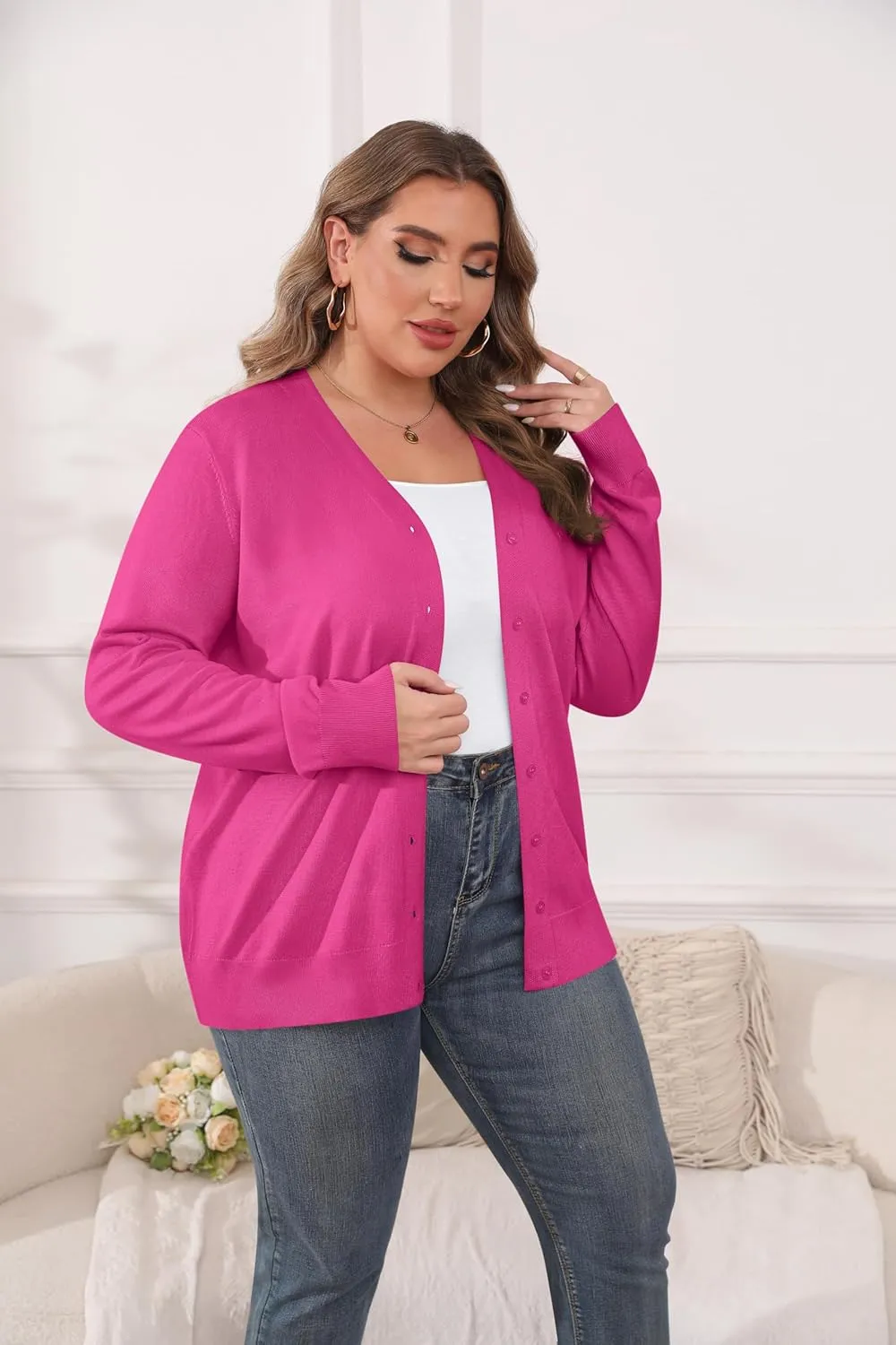 TIANZHU Cardigan Sweaters for Women Plus Size Open Front Long Sleeve V Neck Button Comfy Lightweight Cardigan Casual Coat