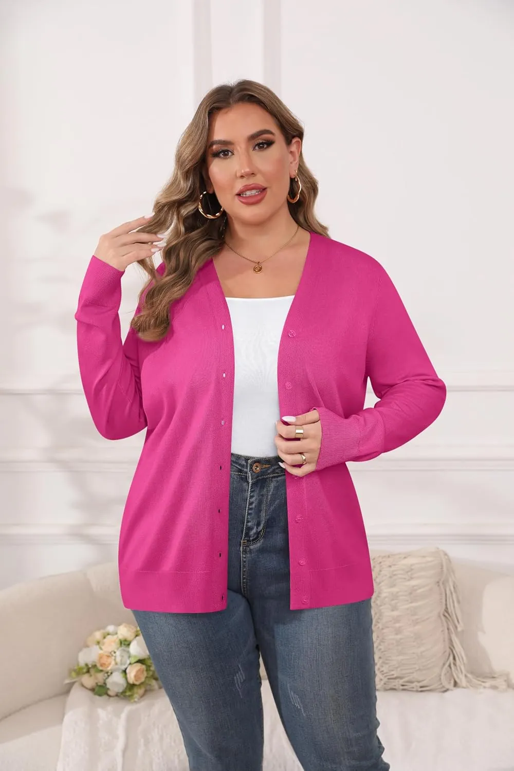 TIANZHU Cardigan Sweaters for Women Plus Size Open Front Long Sleeve V Neck Button Comfy Lightweight Cardigan Casual Coat