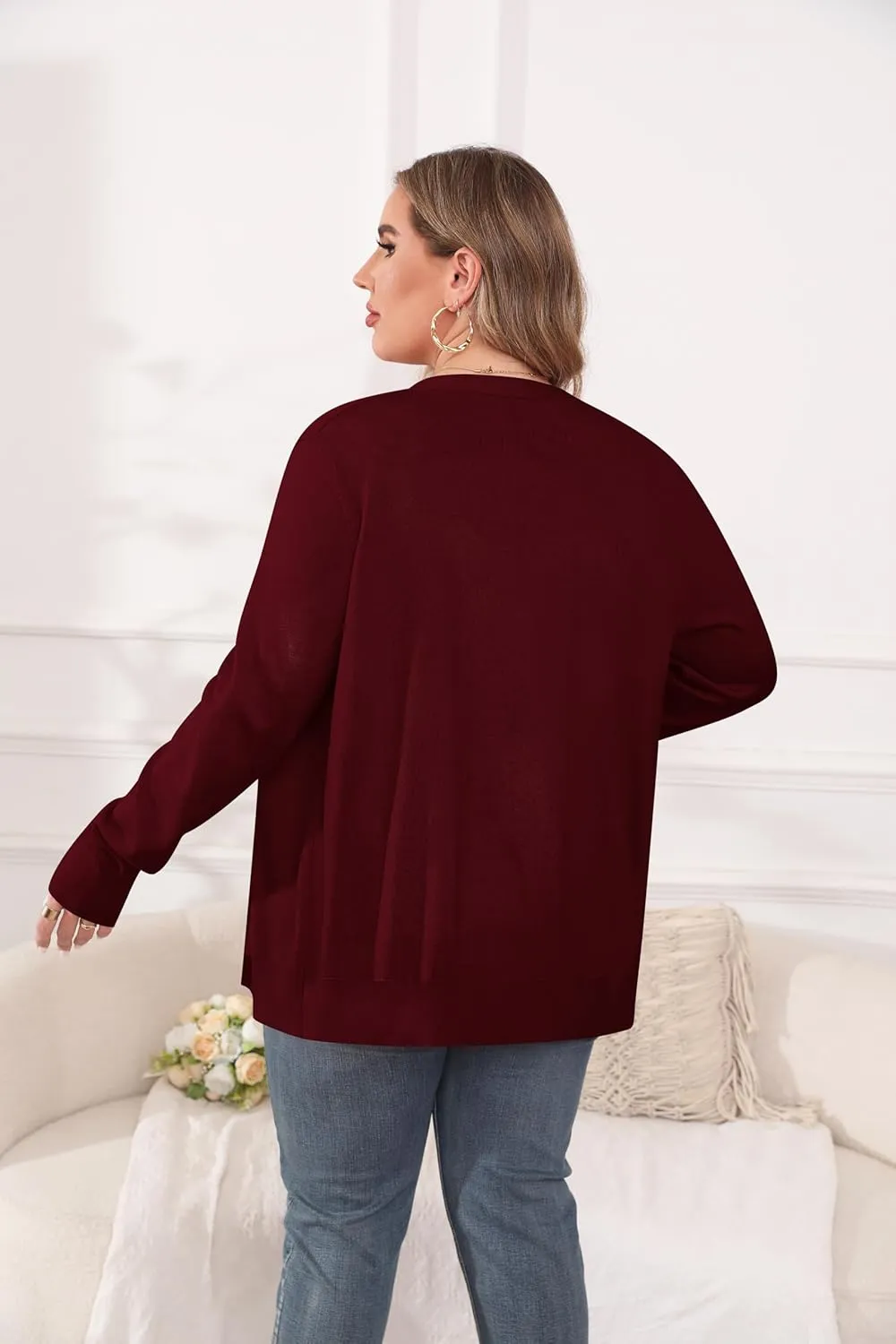 TIANZHU Cardigan Sweaters for Women Plus Size Open Front Long Sleeve V Neck Button Comfy Lightweight Cardigan Casual Coat
