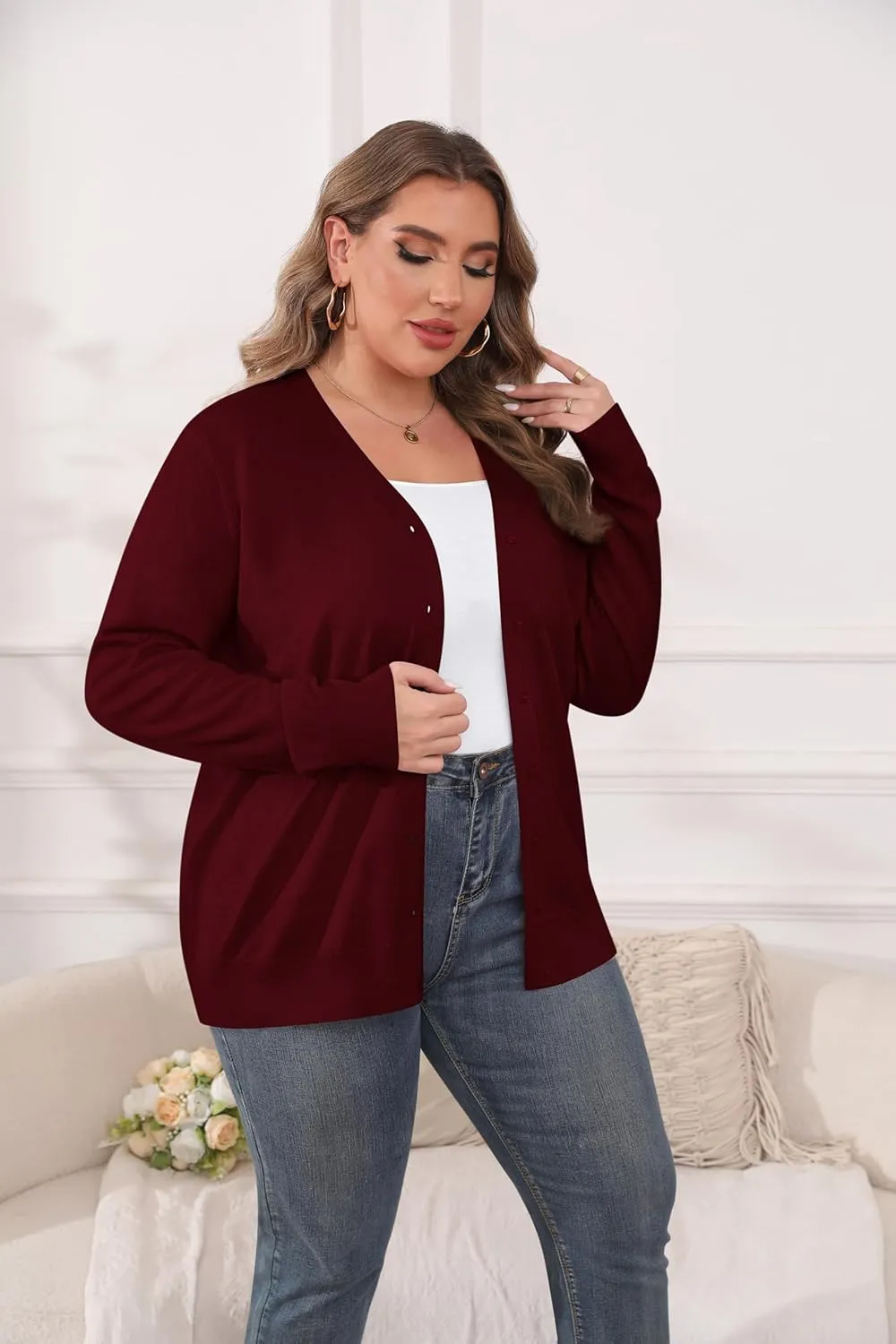 TIANZHU Cardigan Sweaters for Women Plus Size Open Front Long Sleeve V Neck Button Comfy Lightweight Cardigan Casual Coat