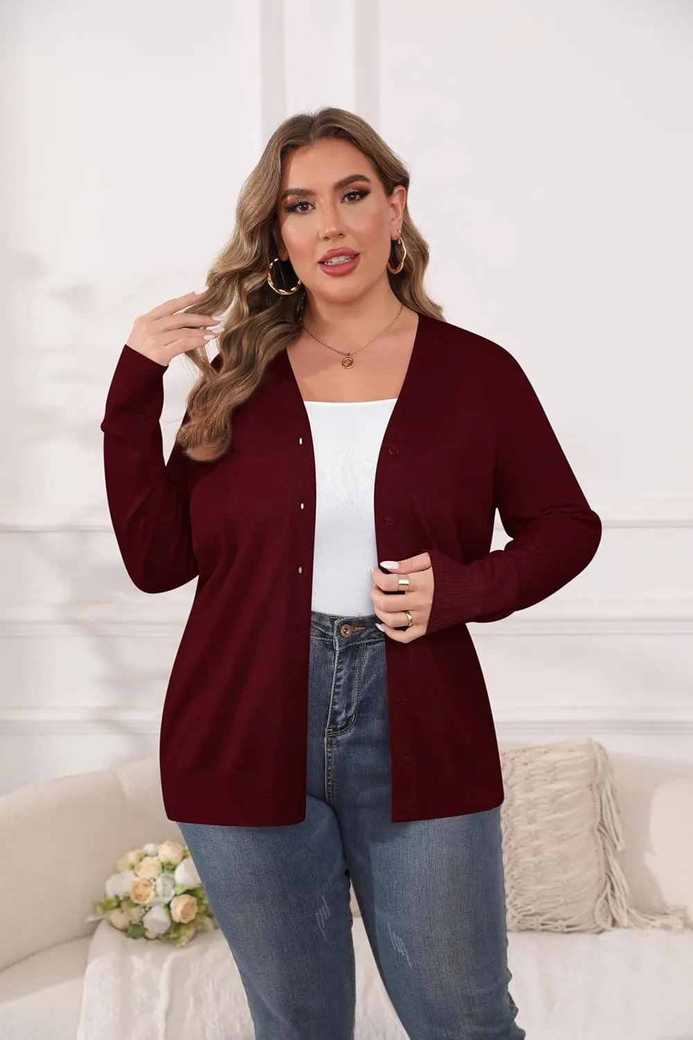 TIANZHU Cardigan Sweaters for Women Plus Size Open Front Long Sleeve V Neck Button Comfy Lightweight Cardigan Casual Coat