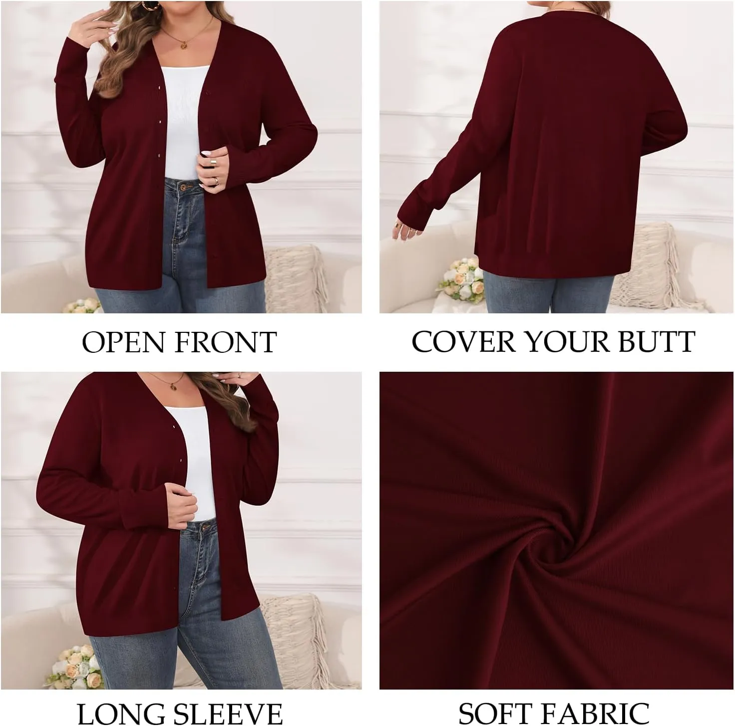 TIANZHU Cardigan Sweaters for Women Plus Size Open Front Long Sleeve V Neck Button Comfy Lightweight Cardigan Casual Coat