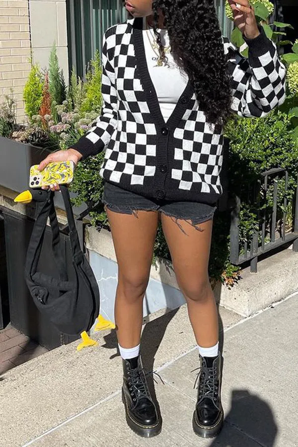 V-Neck Checkerboard Knit Cardigan