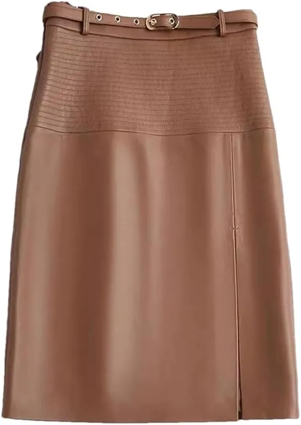Women Leather Knee-Length Pencil Skirt Slim Leopard Pattern Split Wrapped Skirt Striped Belt Midi Skirt