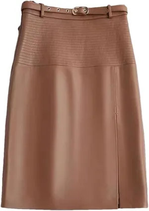 Women Leather Knee-Length Pencil Skirt Slim Leopard Pattern Split Wrapped Skirt Striped Belt Midi Skirt