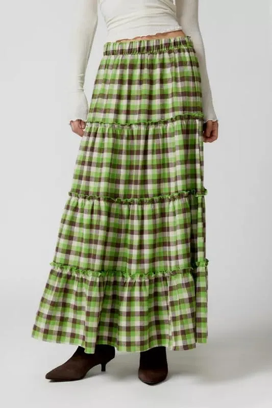 Women Plaid Tiered Maxi Skirt Y2k Elastic High Waist Long Skirt Print Flowy A Line Skirt Gingham Swing Midi Skirts