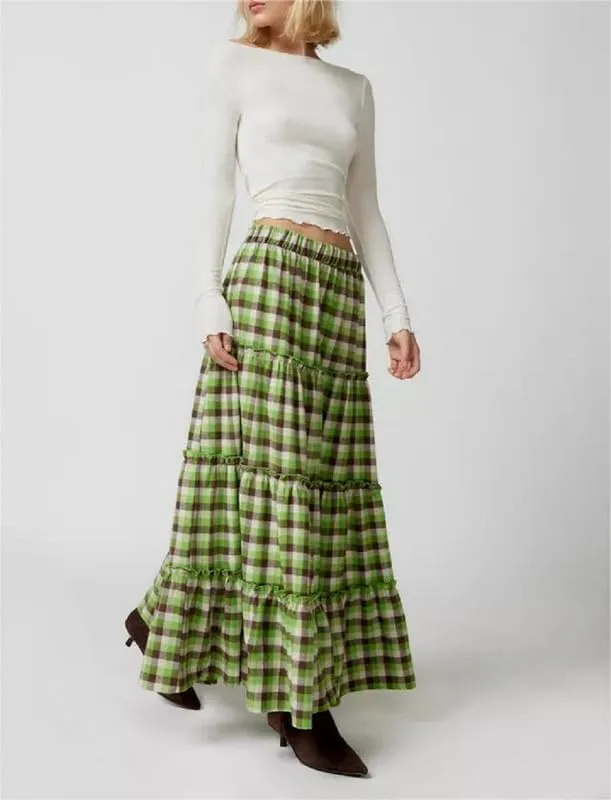 Women Plaid Tiered Maxi Skirt Y2k Elastic High Waist Long Skirt Print Flowy A Line Skirt Gingham Swing Midi Skirts