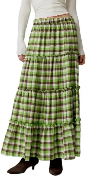 Women Plaid Tiered Maxi Skirt Y2k Elastic High Waist Long Skirt Print Flowy A Line Skirt Gingham Swing Midi Skirts