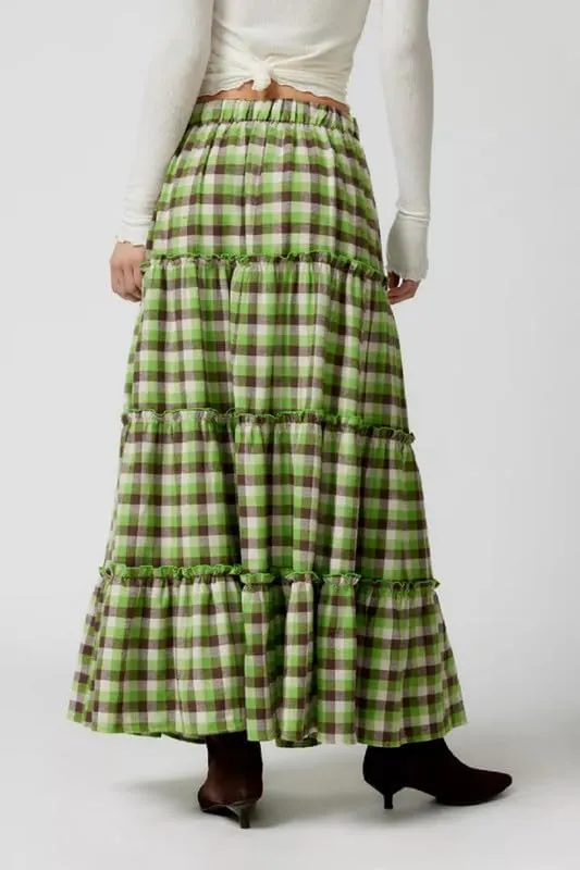 Women Plaid Tiered Maxi Skirt Y2k Elastic High Waist Long Skirt Print Flowy A Line Skirt Gingham Swing Midi Skirts