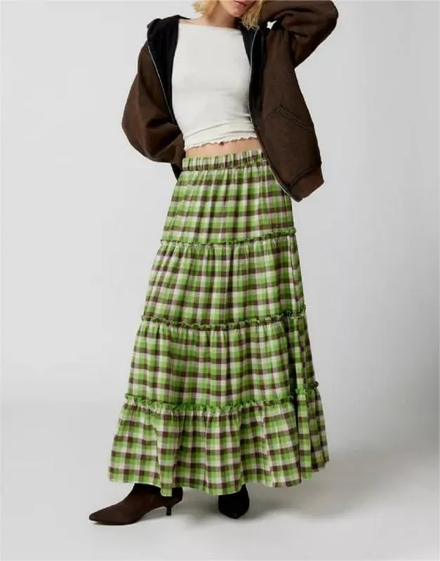Women Plaid Tiered Maxi Skirt Y2k Elastic High Waist Long Skirt Print Flowy A Line Skirt Gingham Swing Midi Skirts