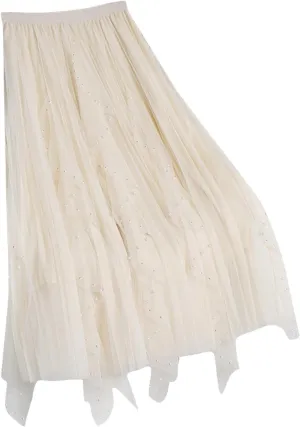 Women Tutu Tulle Long Skirt Elastic High Waist Layered Skirt Mesh Midi Skirt Irregular A-Line Beading Party Skirts
