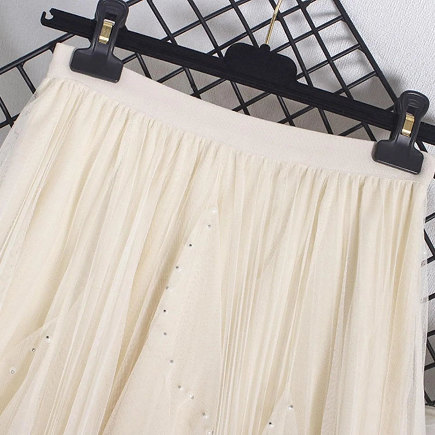 Women Tutu Tulle Long Skirt Elastic High Waist Layered Skirt Mesh Midi Skirt Irregular A-Line Beading Party Skirts