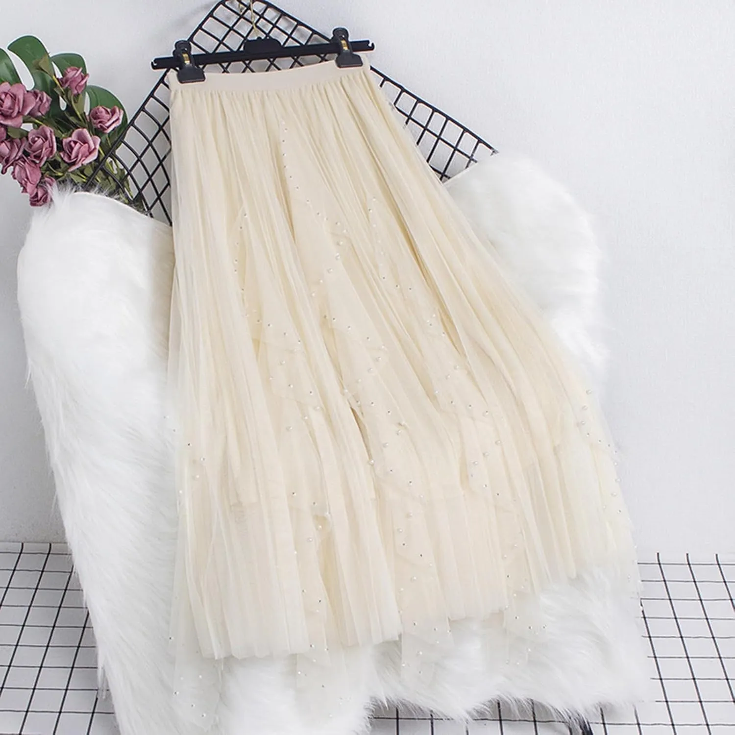 Women Tutu Tulle Long Skirt Elastic High Waist Layered Skirt Mesh Midi Skirt Irregular A-Line Beading Party Skirts