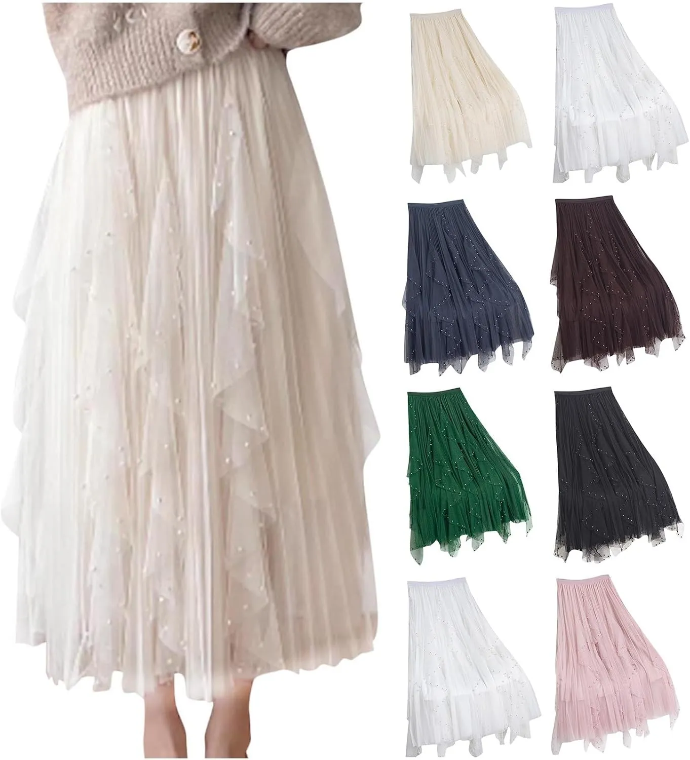 Women Tutu Tulle Long Skirt Elastic High Waist Layered Skirt Mesh Midi Skirt Irregular A-Line Beading Party Skirts