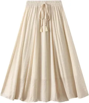 Womens Hot Drawstring Midi Skirt 2024 Summer Cotton Linen Skirts Casual High Waist Swing Skirt Beach Vacation Outfits