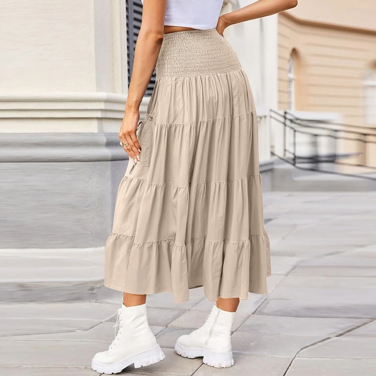 Womens Long Maxi Skirt Smocked Elastic Waist Pleated Tiered A Line Skirt Solid Beach Vacation Skirts with Pockets