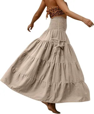 Womens Long Maxi Skirt Smocked Elastic Waist Pleated Tiered A Line Skirt Solid Beach Vacation Skirts with Pockets