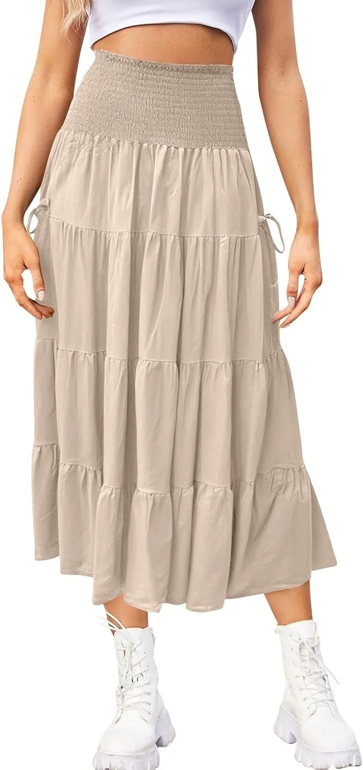 Womens Long Maxi Skirt Smocked Elastic Waist Pleated Tiered A Line Skirt Solid Beach Vacation Skirts with Pockets