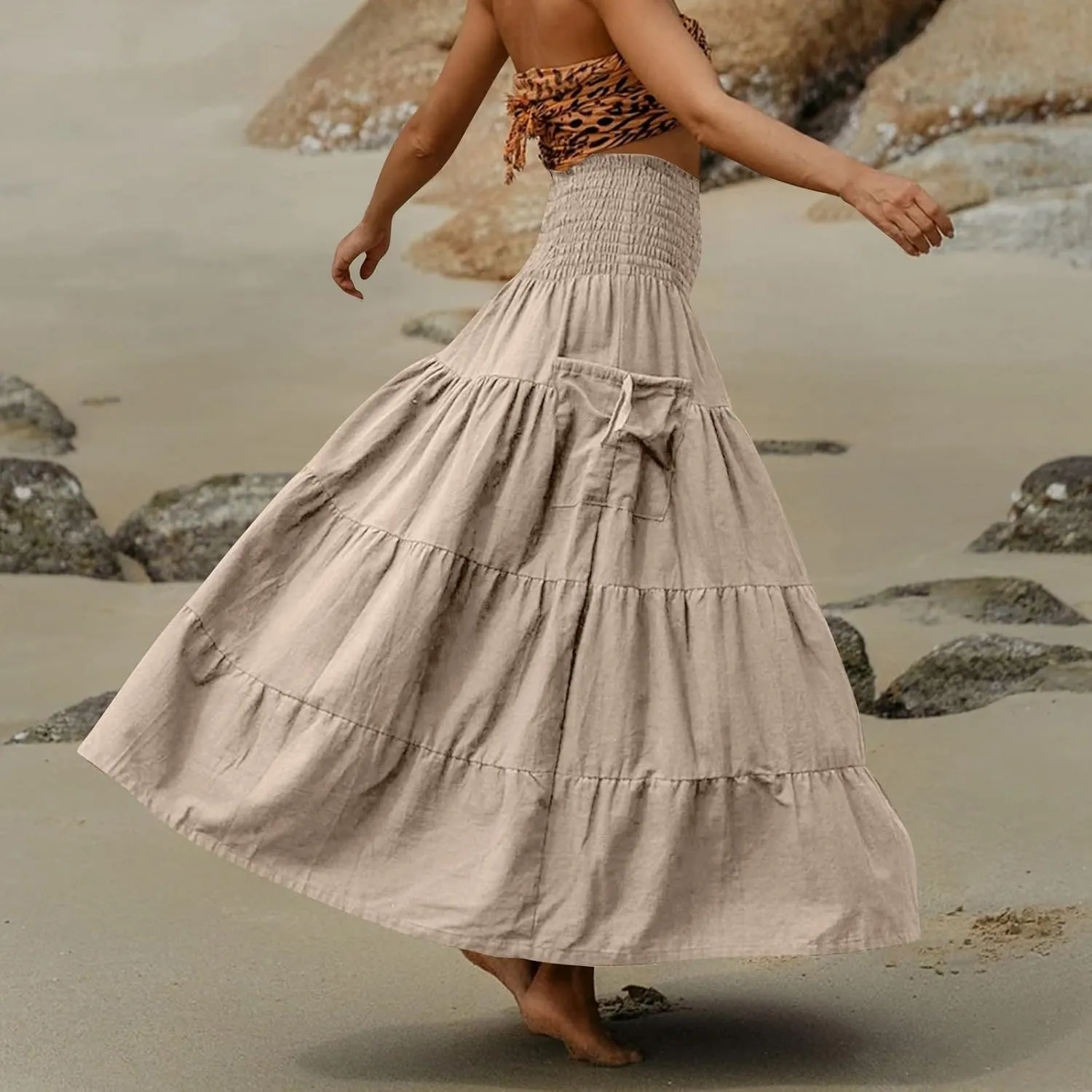 Womens Long Maxi Skirt Smocked Elastic Waist Pleated Tiered A Line Skirt Solid Beach Vacation Skirts with Pockets