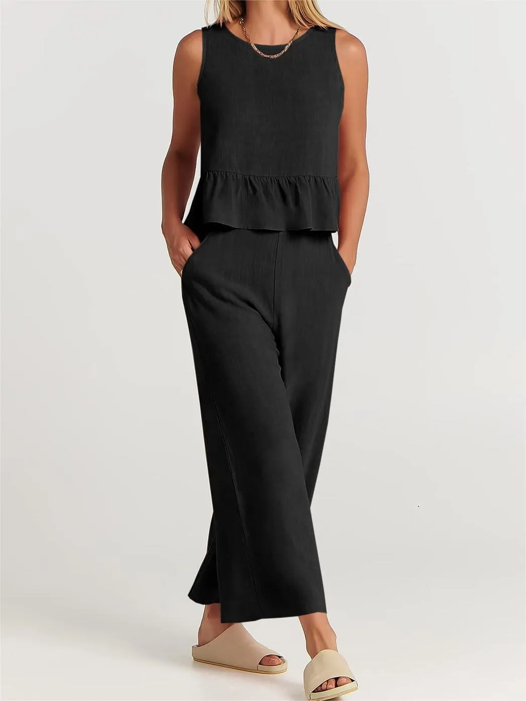 Womens Peplum Top  Relaxed Fit  Sleeveless  Round Neck  Lightweight Cotton Blend
