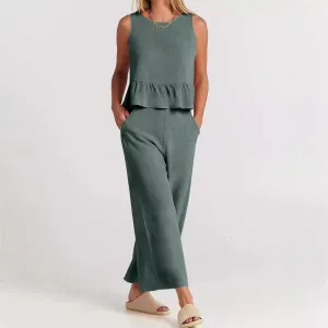 Womens Peplum Top  Relaxed Fit  Sleeveless  Round Neck  Lightweight Cotton Blend