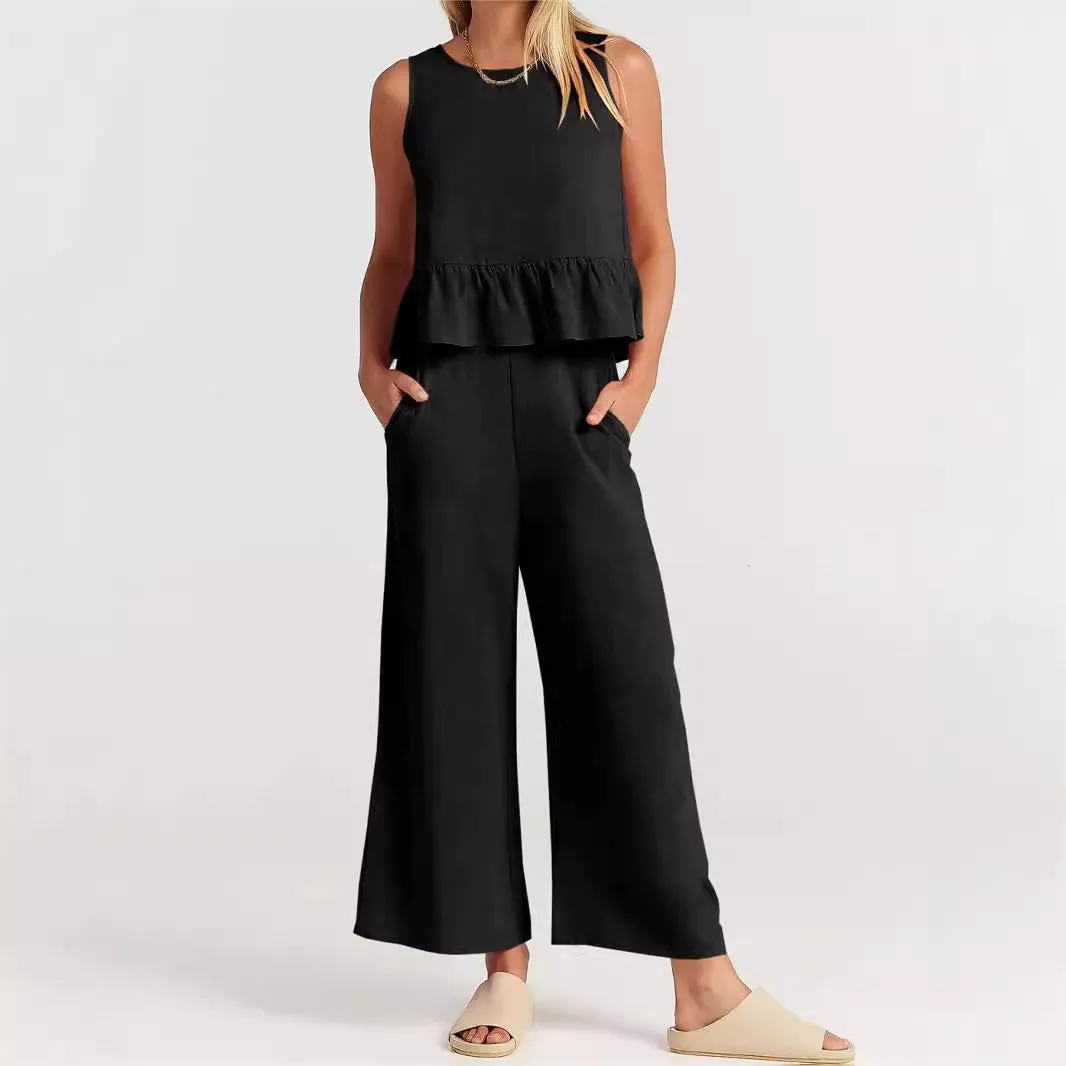 Womens Peplum Top  Relaxed Fit  Sleeveless  Round Neck  Lightweight Cotton Blend